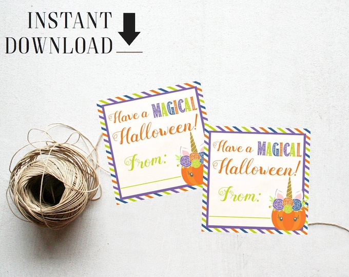 Halloween Unicorn Pumpkin Favor Tags Gift Tags Happy Halloween Instant Download Printable Party favor Fall Party  Orange Green Purple Black