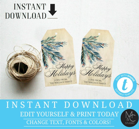 Holiday Gift Tag, DIY, Editable Rustic, Old Paper Pinecone tree ...
