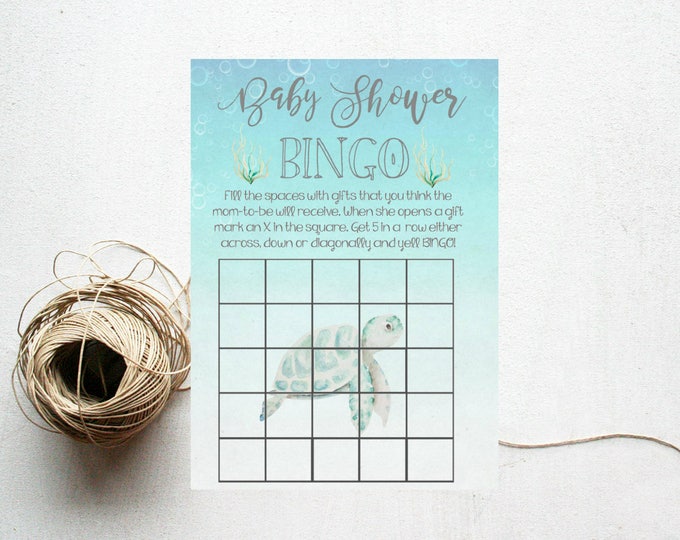 Baby Shower Bingo Card( Instant Download) Printable Shower Games 5x7 Sea Turtle Under the Sea Baby Shower, #1064