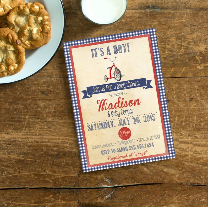 Vintage Red Tricycle Baby Shower Invite Invitation With Navy Etsy