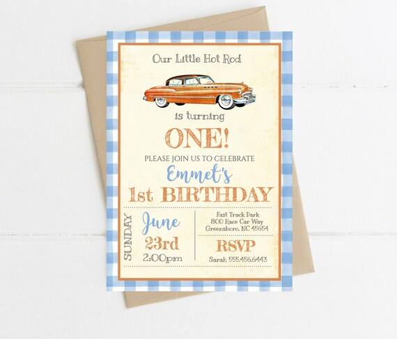 Car Little Hot Rod Vintage Birthday Invite, Invitation with Classic Car, Blue Orange Invite, Digital File, Boys First Birthday, Race Car, Il_570xn