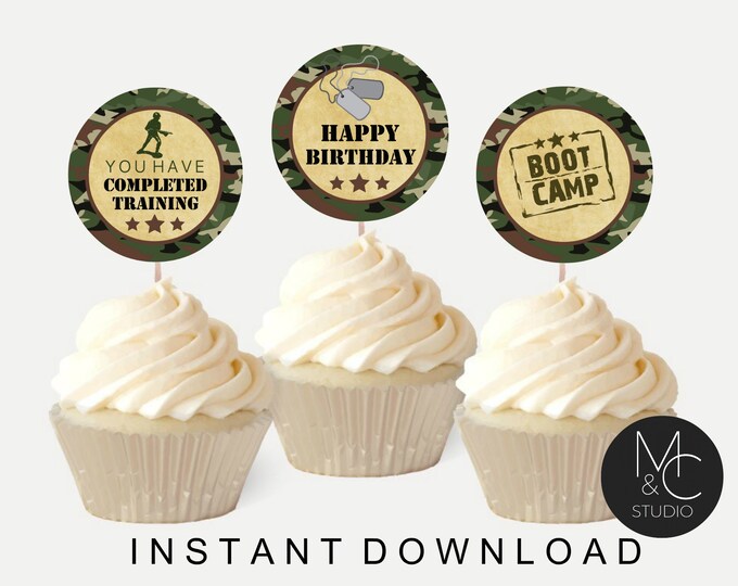 Camo Army Party Cupcake Topper, Instant Download, Cupcake Toppers Printable Military, DIY Boys Birthday Party Boot Camp Party Decor