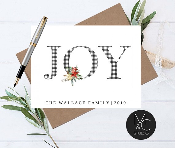 Christmas Personalized Note Card Set Envelopes- Stationary Cards Monogram Stationary Script Font, Holiday Winter, Joy Buffalo Plaid Il_570xn