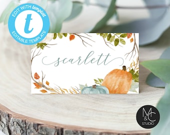 Vtinage Pumpkin Fall Card DIY, Editable Place Card, Food Tent Card Folded, Baby Shower, Fall Templett, Instant Download #1069