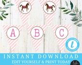 Birthday Bunting Banner Girls Pony Party Pink Stripe horse party any wording party decor Printable Editable Birthday Templett, #T2085 Il_170x135