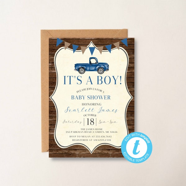 Editable, Blue Truck Vintage Baby Shower Invite, Invitation with Classic Truck, Rustic, Digital File Printable, Car Shower