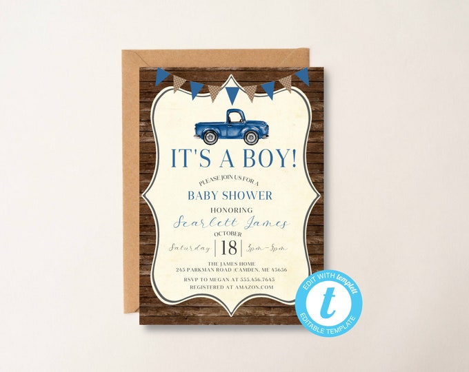 Editable, Blue Truck Vintage Baby Shower Invite, Invitation with Classic Truck, Rustic, Digital File Printable, Car Shower