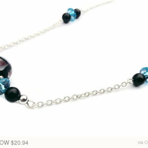 Black Friday Sale - Black And Blue Necklace, Beaded Necklace, Lampwork Glass Focal Bead, Silver Beaded Necklace, Unique Birthday Gift, Blue