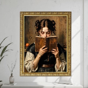 Victorian Dark Moody Painting Print Digital Download Dark Academia Cottagecore Girl Reading Book Dark Library