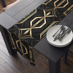 Art Deco Table Runner Cloth Black Gold Geometric Catsby 1920s Style Elegnat Cloth Floral Leaf 90 or 72 Inches