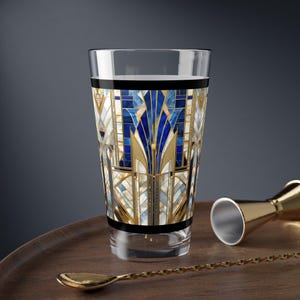Blue Gold Retro Glass Gatsby Drinking Glass Old Hollywood Style Art Deco Water Glass Retro Modern Gold Mixing Glass 16oz Home Decor