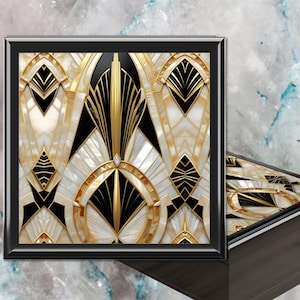 Art Deco Jewelry Box Gold Wood Gatsby Design Womens Girls  Printed Style Faux Pearl Keepsake Memory Box