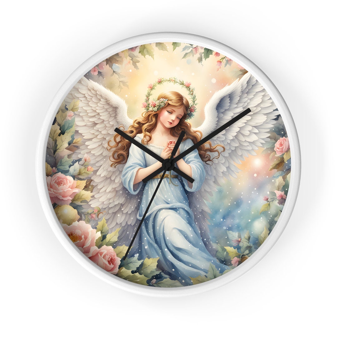 Angel Wall Clock Nursery Children's Room Religious Home Decor Beautiful Angel Clouds Blue