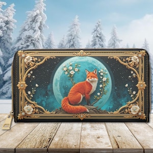 Fox Moon Wallet Dark Cottagecore Art Nouveau Celestial Night Sky Nature Flower Zipper Wallet Pouch Money Card Holder Vegan Organizer