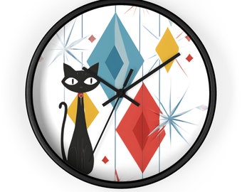 Mid Century Modern Wall Clock Atomic Cat 1950s Style Retro Unique Home Decor Living Room Bathroom Bedroom Clock