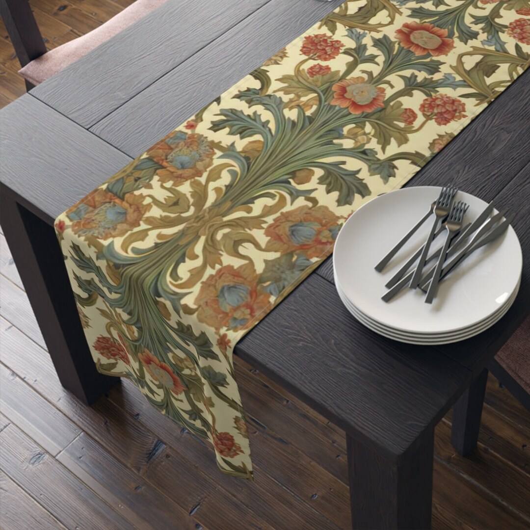 Table Runner Cottagecore William Morris Inspired Autumn Forestcore Floral Fall Leaves Cloth ...