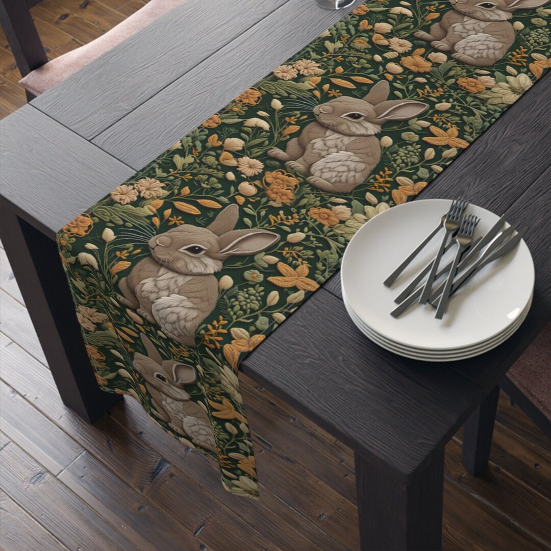 Table Runner Rabbit Cottagecore Floral William Morris Inspired Leaves Forest Cottagecore ...