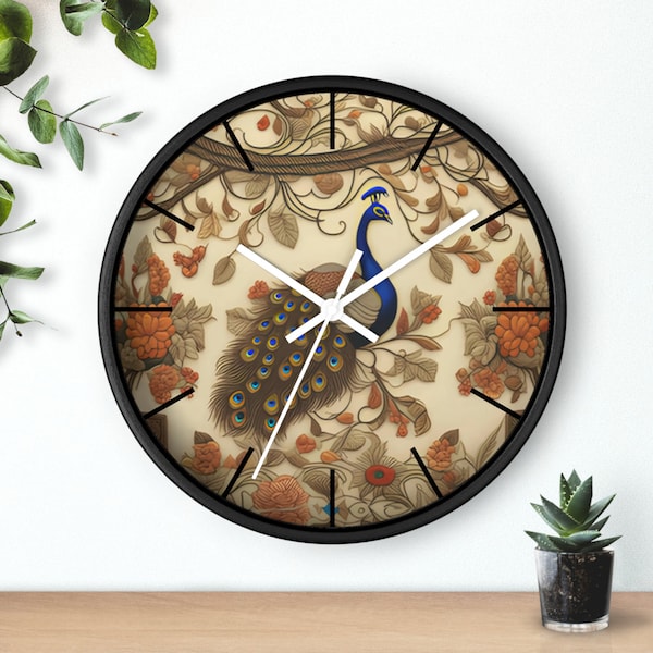 Peacock Wall Clock William Morris Inspired Art Nouveau Embroidered Look Cottagecore Unique Home Decor Living Room Bathroom Bedroom Clock