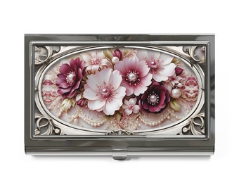 Card Case Unigue Victorian Style Burgundy Pink Card Holder Floral Business Card Holder Cottagecore Flowers Credit Card Wallet