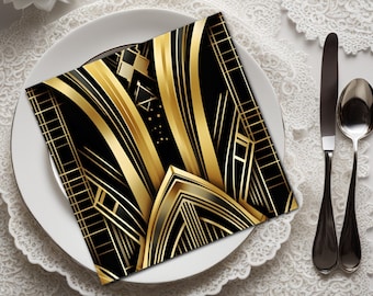 Gatsby Art Deco Tygservetter Set med 4 Gatsby Svartguld Geometrisk Design Festdekor Matbord Heminredning
