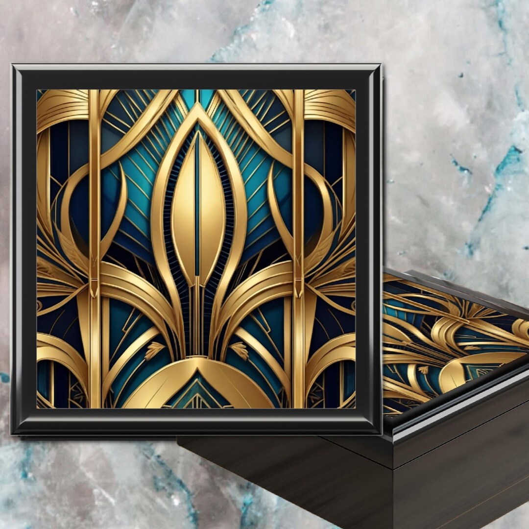 Art Deco Wood Jewelry Box Blue Gold Gatsby Design Womens Girls Printed ...