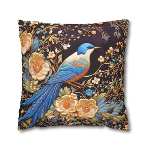 Cottagecore Faux Suede Pillow Case Art Nouveau Flower Blue Bird William Morris Inspired Throw Pillow Case Cushion Cover