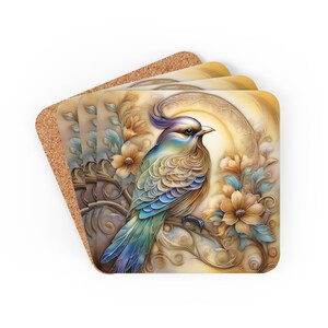 Art Nouveau Coasters Set Gold Bird Stained Glass Floral Flower Print