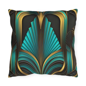 May include: A square throw pillow features a teal and gold Art Deco design. The pattern consists of geometric shapes and lines, creating a visually striking and luxurious look. The pillow is perfect for adding a touch of elegance and sophistication to any living space.  The dark background contrasts beautifully with the vibrant teal and gold accents, making it a statement piece in any room.
