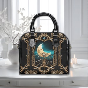 Bolso de hombro Witchy Moon de inspiración Art Nouveau Bolso de diseñador vegano de inspiración celestial con forma de media luna