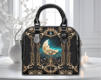 Bolso de hombro Witchy Moon de inspiración Art Nouveau, bolso vegano de diseñador con diseño artístico inspirado en la luna creciente celestial.