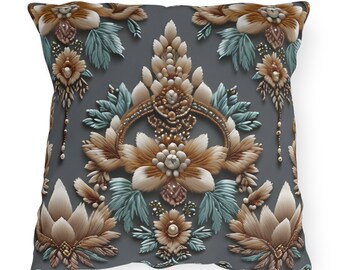 Gray Art Nouveau Indoor Outdoor Pillow Home Decor Embroidered Look Haute Couture Inspired French Cottagecore Floral Style