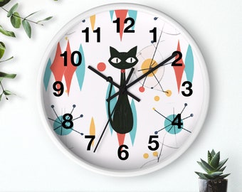 Atomic Wall Clock Black Cat Mid Century Modern Unique Home Decor Living Room Bathroom Bedroom Clock With Numbers
