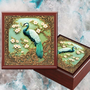 Jewelry Box Art Nouveau Bird William Morris Inspired Green Art Deco Design Printed Style Keepsake Memory Box