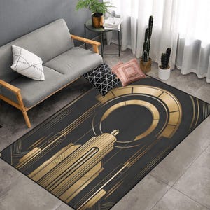Cityscape Geometric Rug Gold Black Area Rug Art Deco Gatsby Gold Rug  Non Slip Carpet Bedroom Living Room Rug Indoor Carpet Home Decor