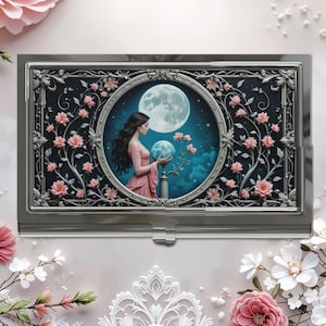 Art Nouveau Mother Earth Business Card Holder Case Moon Flower Celestial Credit Card Wallet Business Card Case
