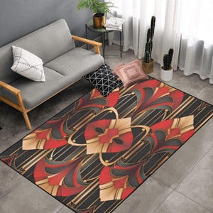 Red Geometric Rug Gold Black Area Rug Art Deco Gatsby Gold Rug  Non Slip Carpet Bedroom Living Room Rug Indoor Carpet Home Decor