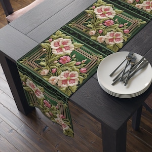Table Runner Spring Flowers Cottagecore William Morris Inspired Art Nouveau Embroidered Look Forestcore Home Decor