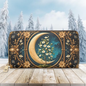 Dark Cottagecore Celestial Zipper Wallet Witchy Crescent Moon Floral Whimsigoth Retro Pouch Money Card Holder Vegan Organizer