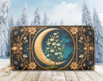 Dark Cottagecore Celestial Zipper Wallet Witchy Crescent Moon Floral Whimsigoth Retro Pouch Money Card Holder Vegan Organizer