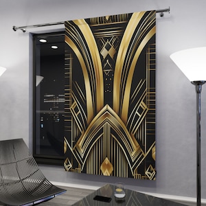 Black Gold Art Deco Window Curtains Gatsby Style Black Out Curtain Geometric Unique Design 50 by 84 Inches
