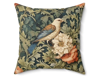 Bird In Forest Flowers William Morris Inspired Square Pillow Cottagecore Forestcore Farmhouse Decor Pillow Insert Included
