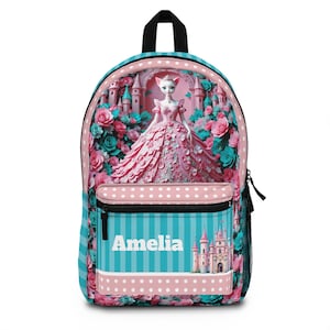 Personalized Backpack Pink Princess Kitty Custom Name Fairytale Castle Back To School Kids Travel Bag Pink Blue Stripes Polka Dots