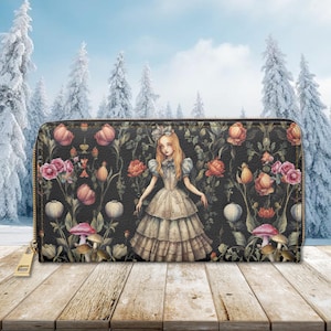 Dark Alice Adventures Wallet Cottagecore Zipper Wallet Dark Academia Mushroom Floral Whimsigoth Pouch Money Card Holder Vegan Organizer