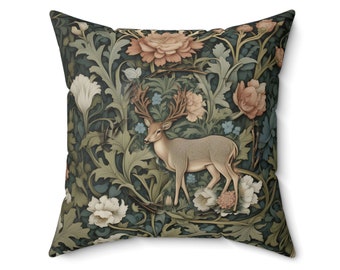 Deer In Forest Flowers William Morris Inspired Throw Pillow Cottagecore Forestcore Decor Pillow Insert Included