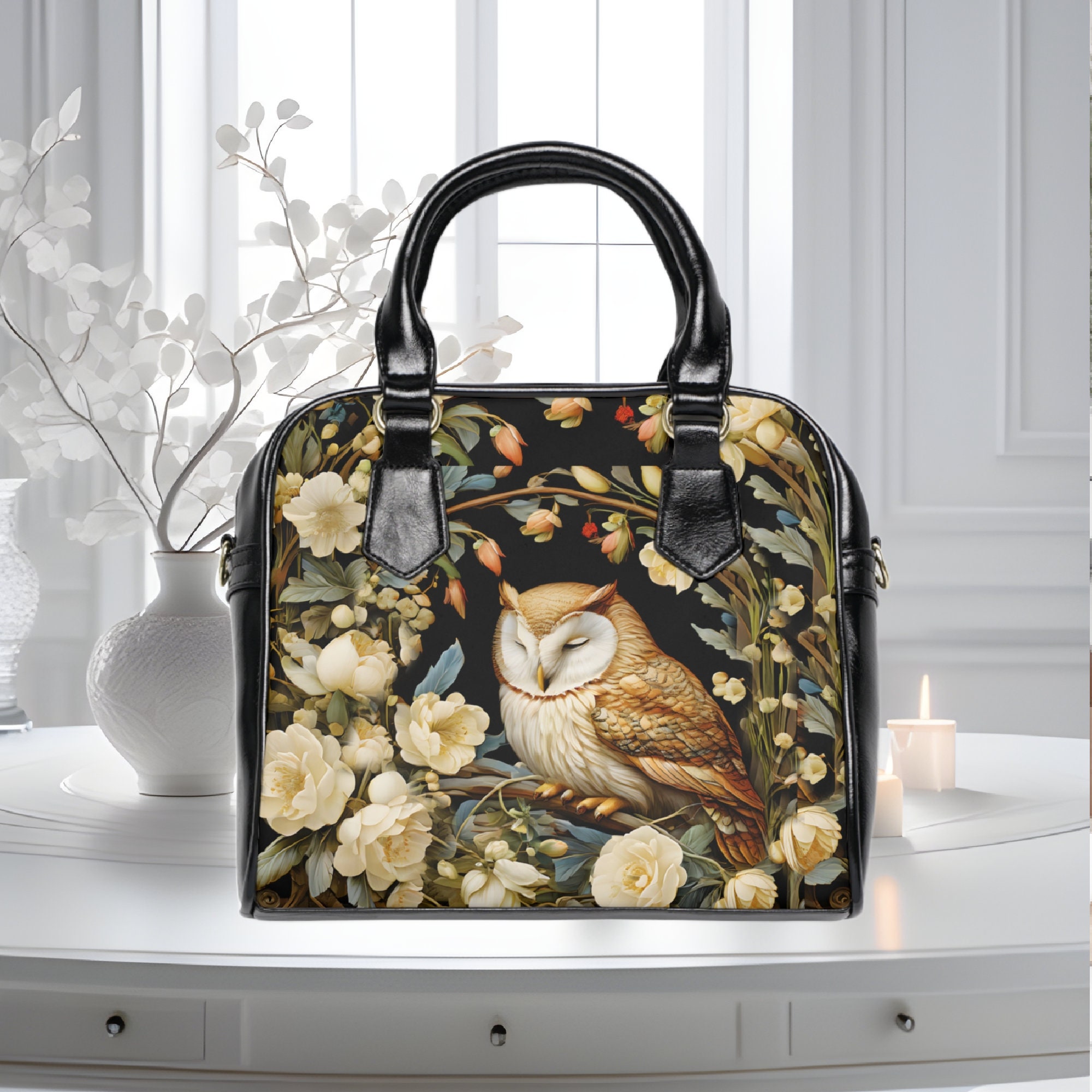 Owl Purse Cottagecore Black Shoulder Handbag Wiliam Morris Inspired Forestcore Vegan Art Nouveau Des