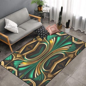 Art Deco Green Rug Blue Bold Gold Area Rug Art Deco Gatsby Gold Rug  Non Slip Carpet Bedroom Living Room Rug Indoor Carpet Home Decor