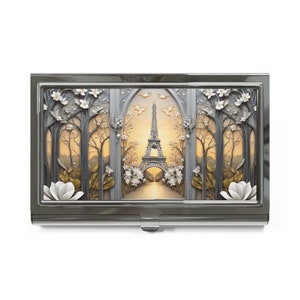 French Business Card Holder Floral Paris Eiffel Tower Art Nouveau Silver Credit Card Wallet Business Card Case