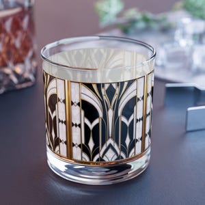 Black White Gatsby Bar Rocks Glass Old Hollywood Style 10oz Art Deco Barware Home Decor Blue Gold Retro Modern Drinking Glass