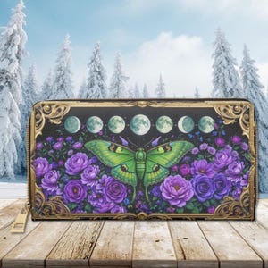 Luna Moth Celestial Wallet Dark Cottagecore Witchy Moon Phase Zipper Wallet Dark Academia Pouch Money Card Holder Vegan Organizer