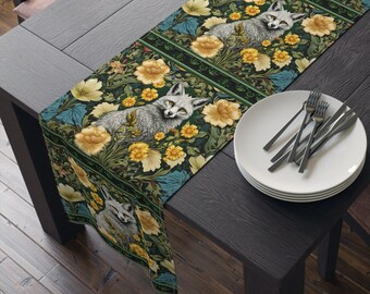 Gray Fox Table Runner Cottagecore William Morris Inspired Art Nouveaau Boho Decor Forestcore Home Decor